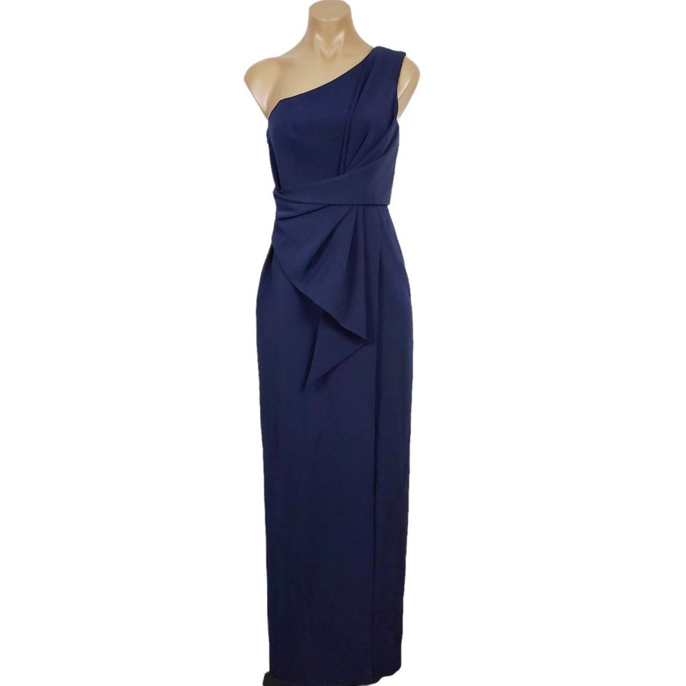Eliza J One-Shoulder Laguna Crepe Evening Gown size 0 Navy Blue Formal Dress